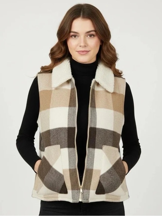 Sanctuary Jackets & Blazers - Sanctuary Women's Brown Plaid Sherpa Lined Cozy Heavyweight Vest